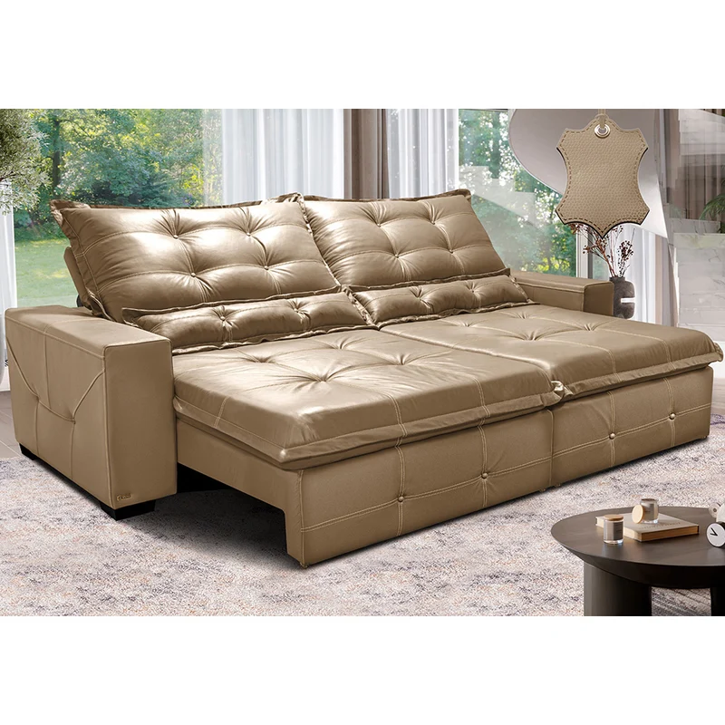 Sofá de Couro Legítimo Retrátil e Reclinável Cama inBox Toro SoftGel D40 Bege / 2,15m