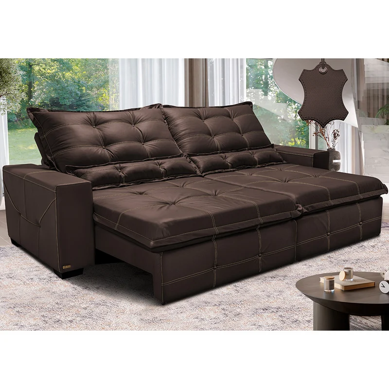 Sofá de Couro Legítimo Retrátil e Reclinável Cama inBox Toro SoftGel D40 Marrom / 2,15m