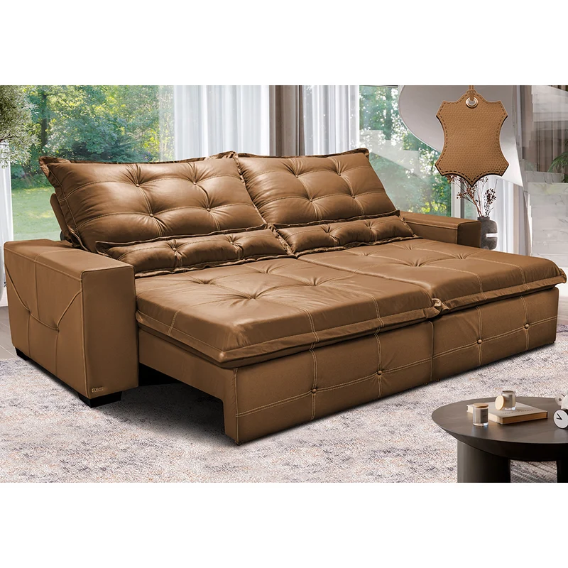 Sofá de Couro Legítimo Retrátil e Reclinável Cama inBox Toro SoftGel D40 Mel / 2,35m