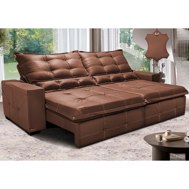 Sofá de Couro Legítimo Retrátil e Reclinável Cama inBox Toro SoftGel D40 Caramelo / 2,55m