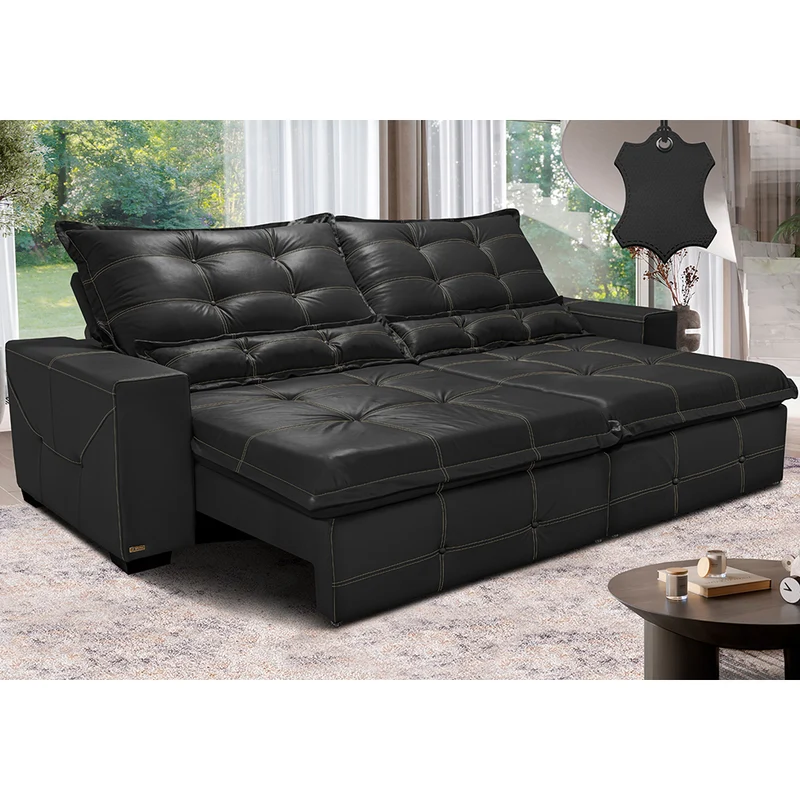 Sofá de Couro Legítimo Retrátil e Reclinável Cama inBox Toro SoftGel D40 Preto / 2,55m