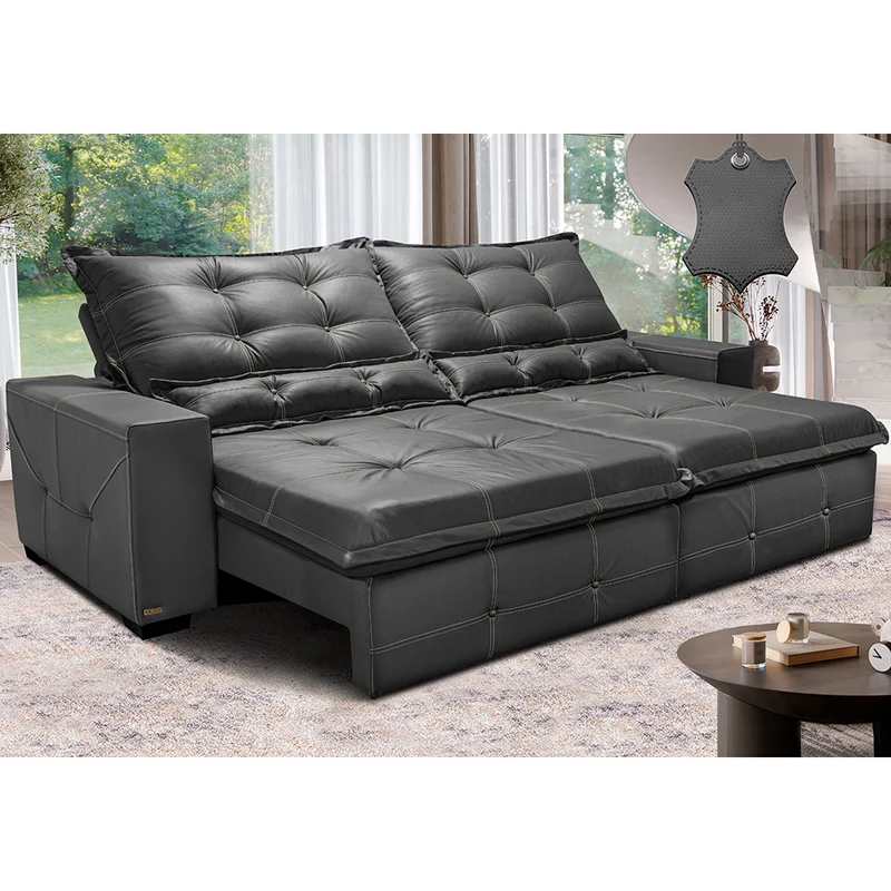 Sofá de Couro Legítimo Retrátil e Reclinável Cama inBox Toro SoftGel D40 Cinza / 3,15m