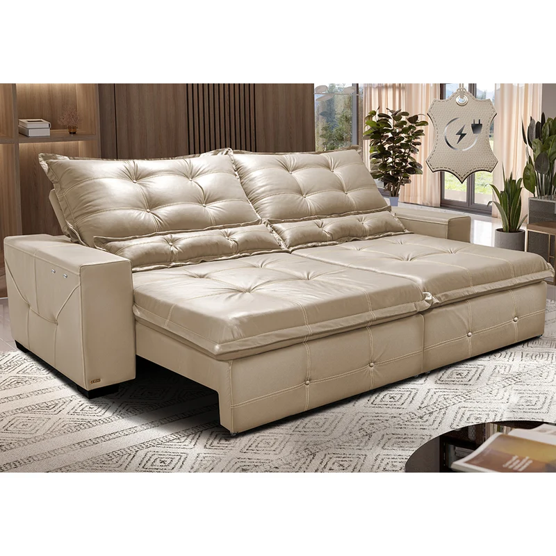 Sofá de Couro Elétrico Retrátil Cama inBox Gran Toro SoftGel D40 Preto / 3,15m