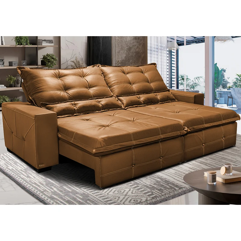 Sofá de Courino Retrátil e Reclinável Cama inBox Bourbon SoftGel D40 Caramelo / 3,15m