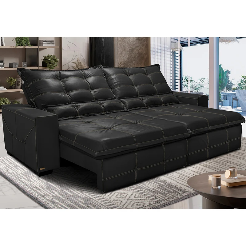 Sofá de Courino Retrátil e Reclinável Cama inBox Bourbon SoftGel D40 Preto / 3,15m