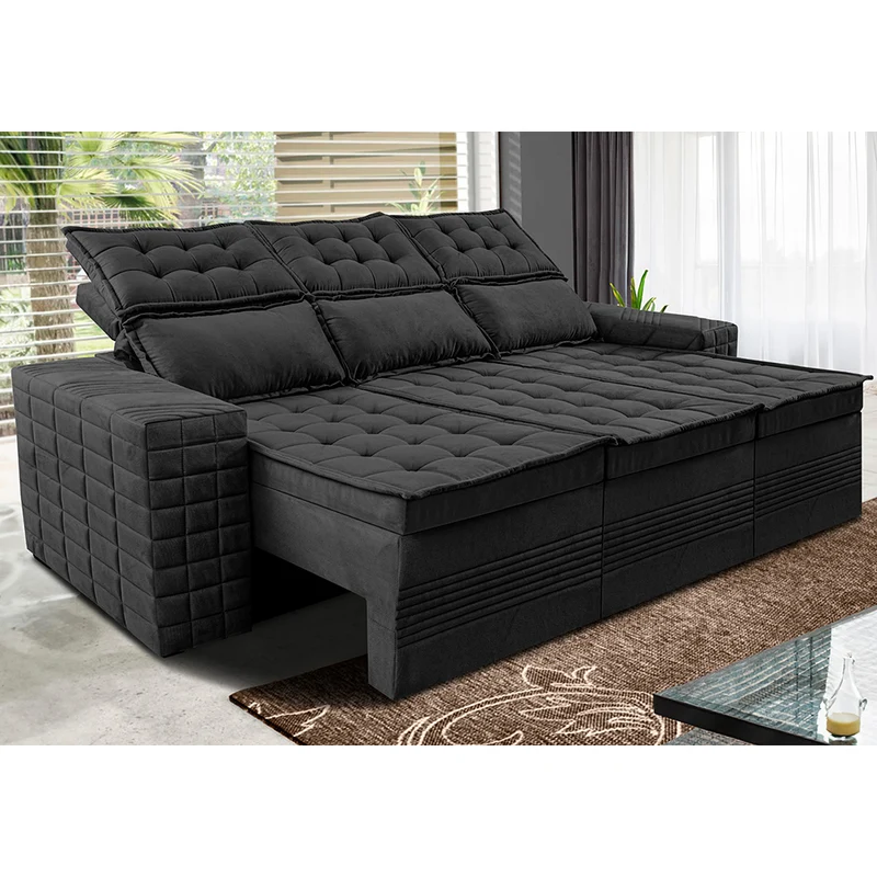 Sofá 3 Lugares Retrátil e Reclinável Cama inBox Senses 2,00m Velusoft Preto / 2,00m