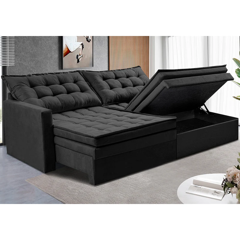 Sofá Sem Caixa Retrátil Baú Cama inBox Secret Suede Velusoft Preto / 1,80m