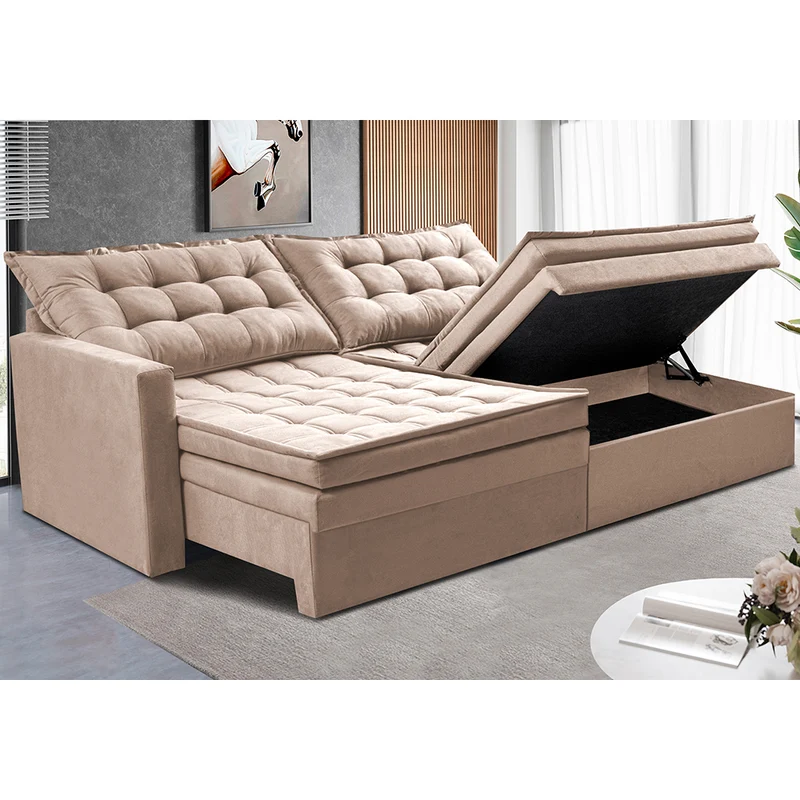 Sofá Sem Caixa Retrátil Baú Cama inBox Secret Suede Velusoft Bege / 2,00m