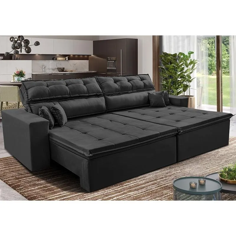Sofá Retrátil e Reclinável 2,72m Luxos Cama inBox Velusoft Preto