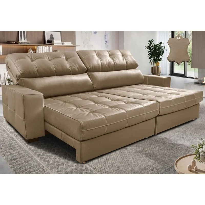 Sofá de Couro Legítimo Retrátil e Reclinável 2,15m Molas Ensacadas Cama inBox Majesty Bege