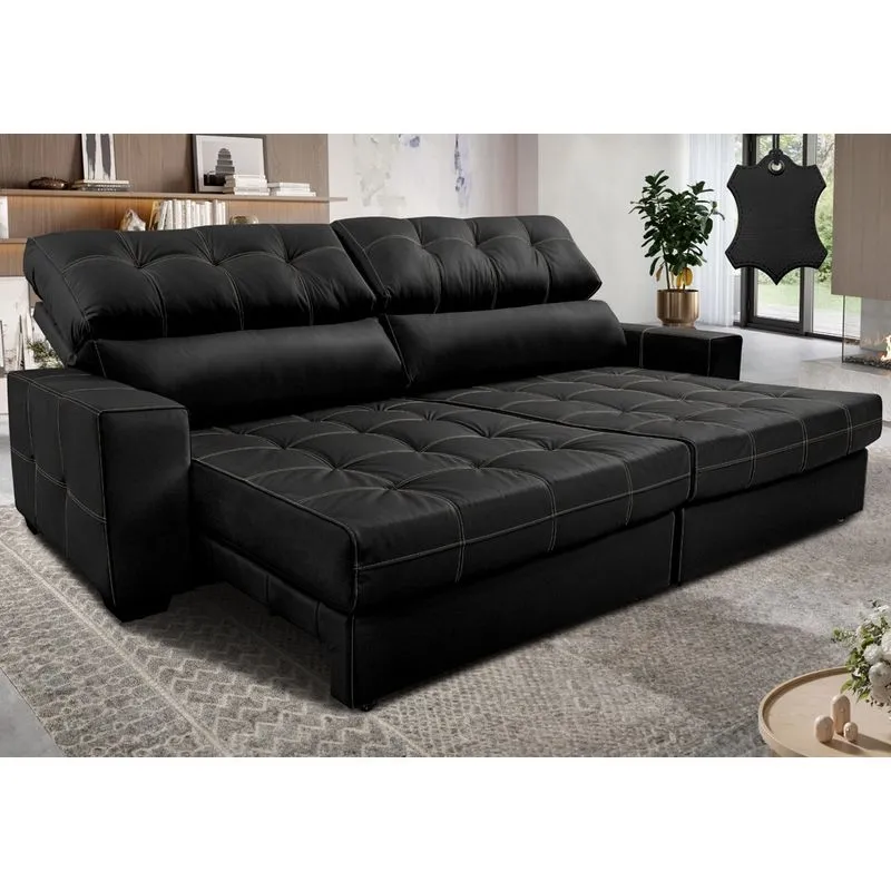 Sofá de Couro Legítimo Retrátil e Reclinável 2,35m Molas Ensacadas Cama inBox Majesty Preto
