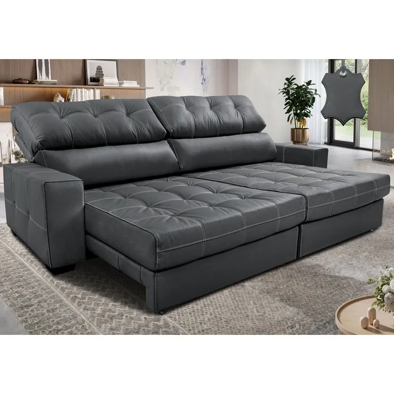 Sofá de Couro Legítimo Retrátil e Reclinável 2,55m Molas Ensacadas Cama inBox Majesty Cinza