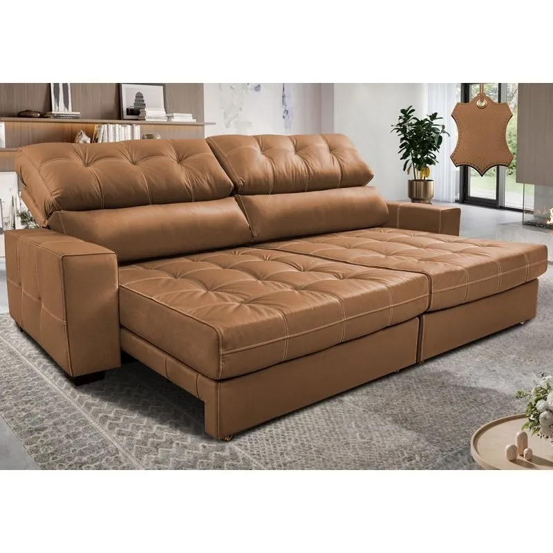 Sofá de Couro Legítimo Retrátil e Reclinável 2,55m Molas Ensacadas Cama inBox Majesty Mel