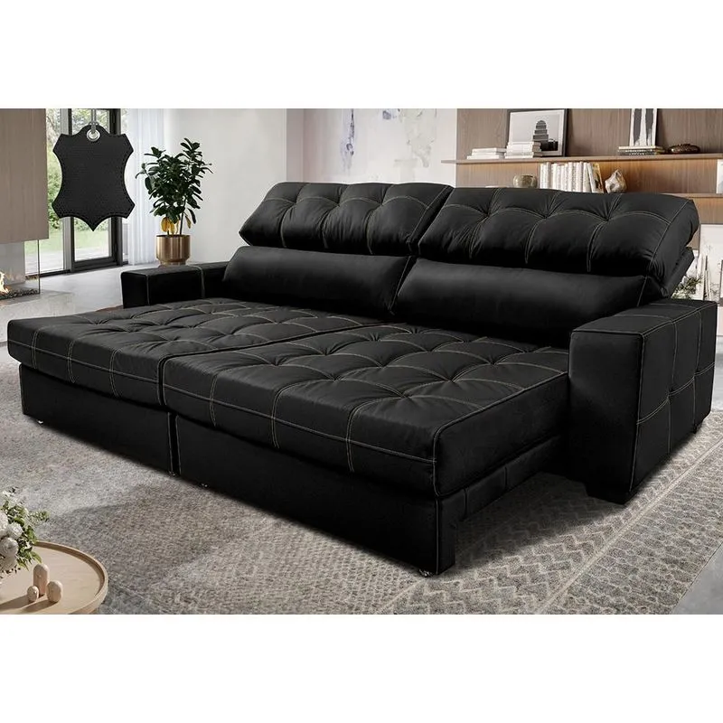 Sofá de Couro Legítimo Retrátil e Reclinável 2,55m Molas Ensacadas Cama inBox Majesty Preto