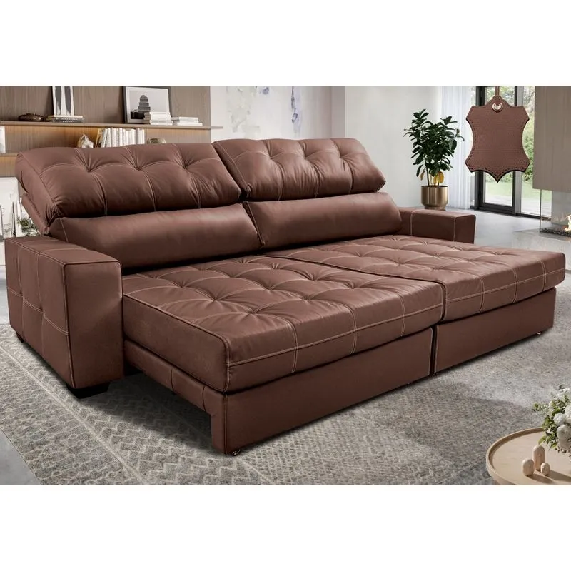 Sofá de Couro Legítimo Retrátil e Reclinável 2,75m Molas Ensacadas Cama inBox Majesty Caramelo