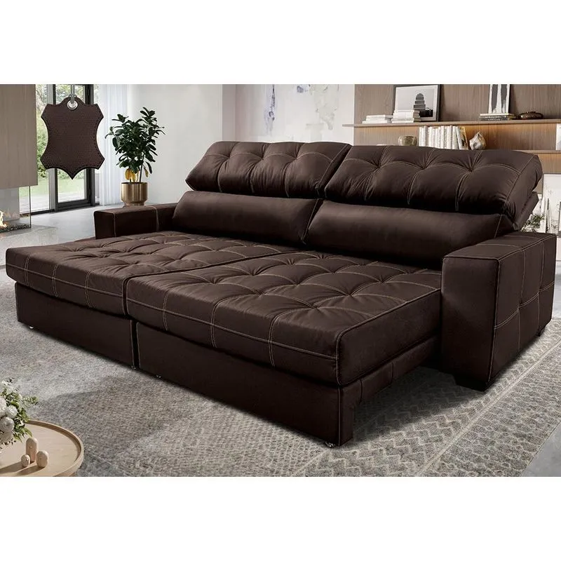 Sofá de Couro Legítimo Retrátil e Reclinável 2,95m Molas Ensacadas Cama inBox Majesty Marrom
