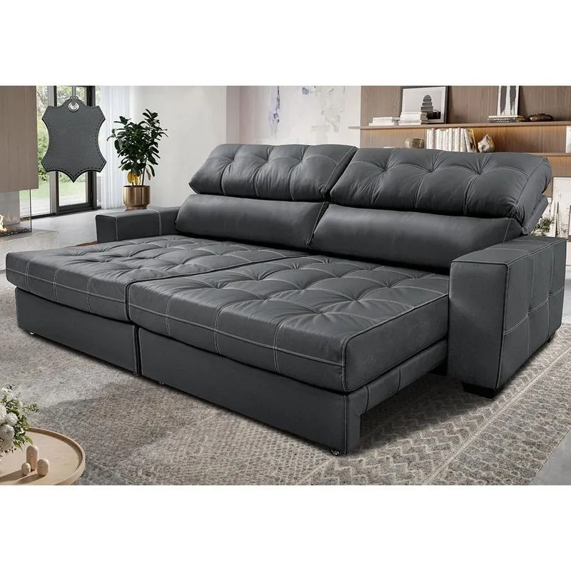 Sofá de Couro Legítimo Retrátil e Reclinável 2,95m Molas Ensacadas Cama inBox Majesty Cinza