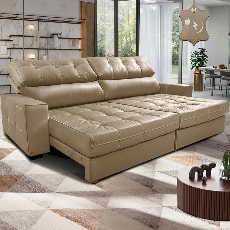Sofá de Couro Elétrico Retrátil Molas Ensacadas Cama inBox Gran Majesty Bege / 2,35m