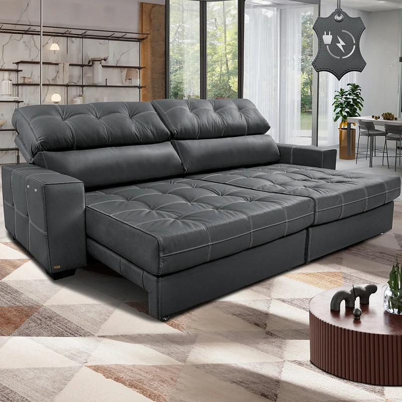 Sofá de Couro Elétrico Retrátil Molas Ensacadas Cama inBox Gran Majesty Cinza / 2,75m