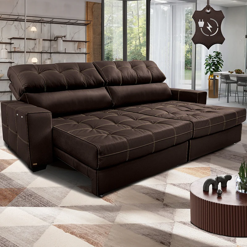 Sofá de Couro Elétrico Retrátil Molas Ensacadas Cama inBox Gran Majesty Marrom / 3,15m