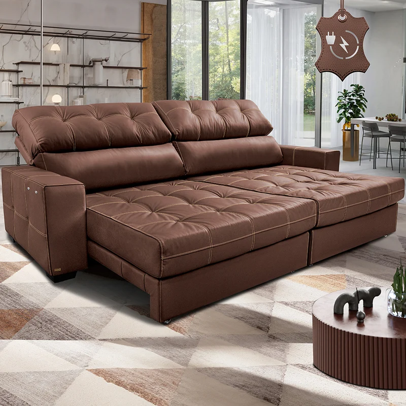Sofá de Couro Elétrico Retrátil Molas Ensacadas Cama inBox Gran Majesty Caramelo / 3,15m