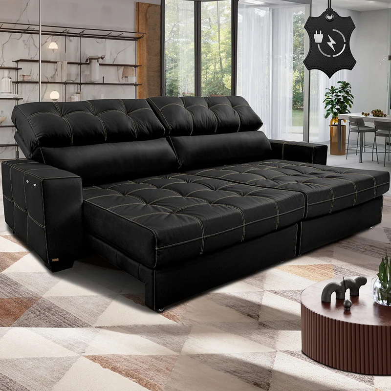 Sofá de Couro Elétrico Retrátil Molas Ensacadas Cama inBox Gran Majesty Preto / 3,15m