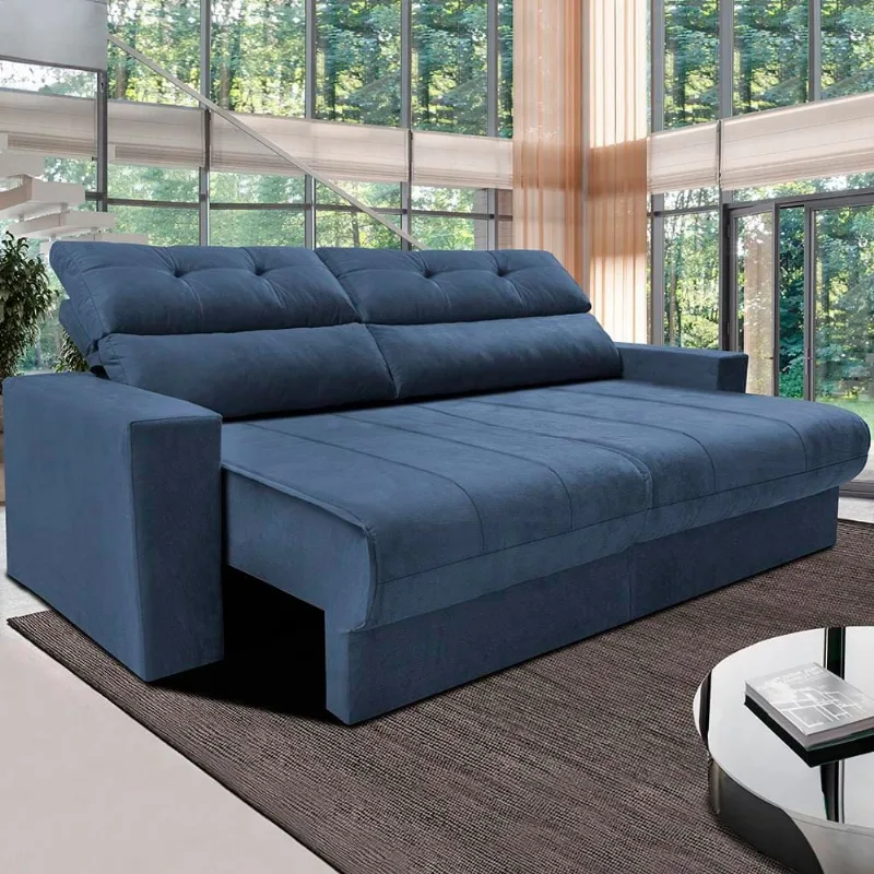 Sofá 3 Lugares Cama Inbox Clean com Assento Retrátil e Encosto Reclinável em Tecido Velusoft - 190cm de Largura Azul Petróleo