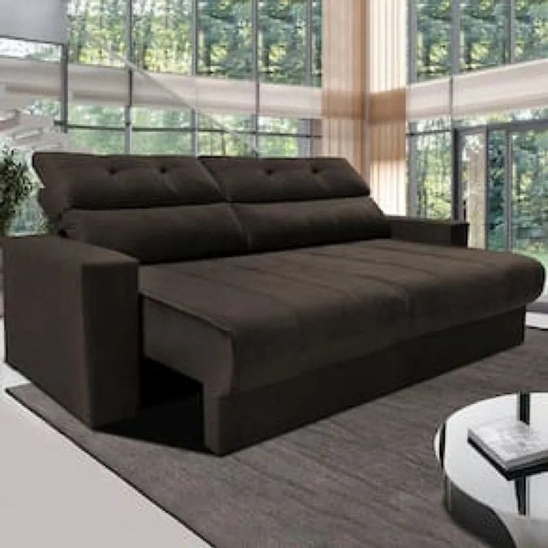 Sofá 3 Lugares Cama Inbox Clean com Assento Retrátil e Encosto Reclinável em Tecido Velusoft - 190cm de Largura Marrom Cacau