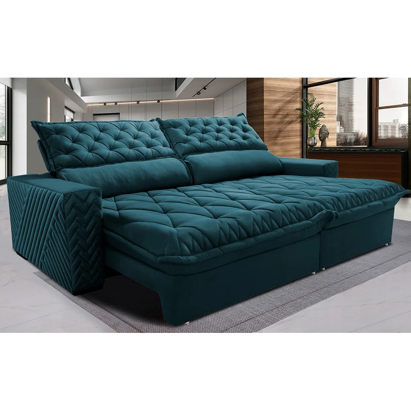 Sofá Retrátil e Reclinável Molas Ensacadas Cama inBox Spazus com Bordado 3D Petróleo / 3,15m