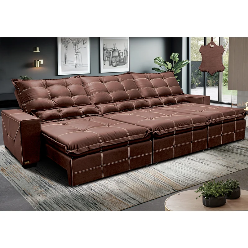 Sofá de Couro Legítimo Retrátil e Reclinável Cama inBox Toro SoftGel D40 Caramelo / 3,55m