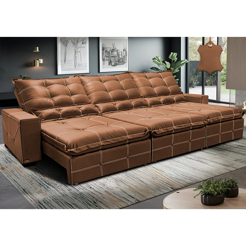Sofá de Couro Legítimo Retrátil e Reclinável Cama inBox Toro SoftGel D40 Mel / 3,85m