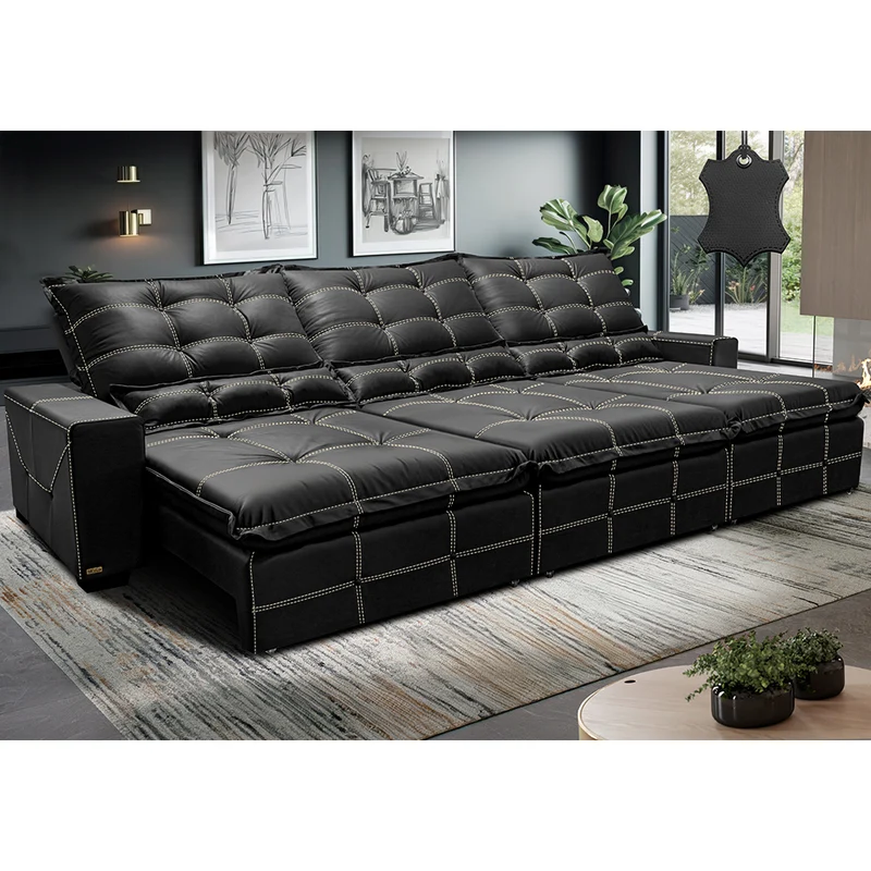Sofá de Couro Legítimo Retrátil e Reclinável Cama inBox Toro SoftGel D40 Preto / 3,85m