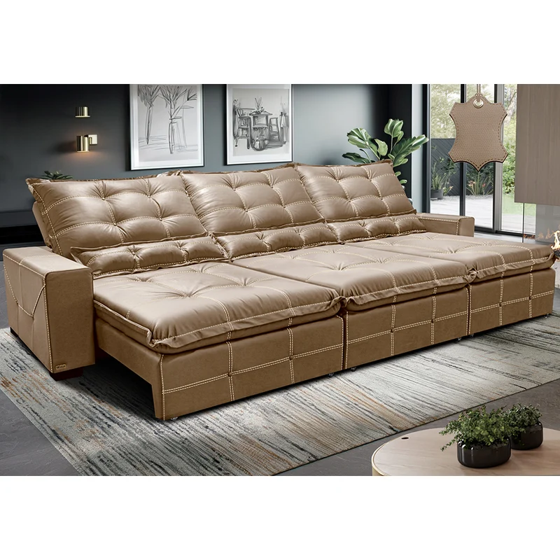 Sofá de Couro Legítimo Retrátil e Reclinável Cama inBox Toro SoftGel D40 Bege / 4,15m