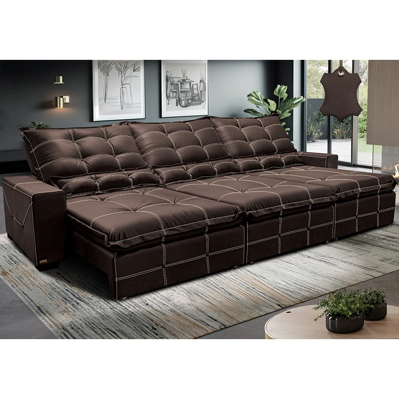 Sofá de Couro Legítimo Retrátil e Reclinável Cama inBox Toro SoftGel D40 Marrom / 4,15m