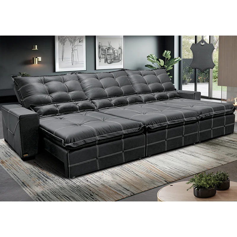 Sofá de Couro Legítimo Retrátil e Reclinável Cama inBox Toro SoftGel D40 Cinza / 4,15m
