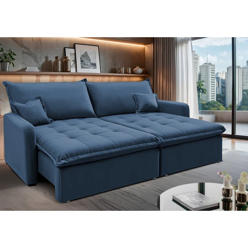 Sofá Sem Caixa Retrátil SoftGel Luna Velusoft Cama inBox Azul / 1,60m
