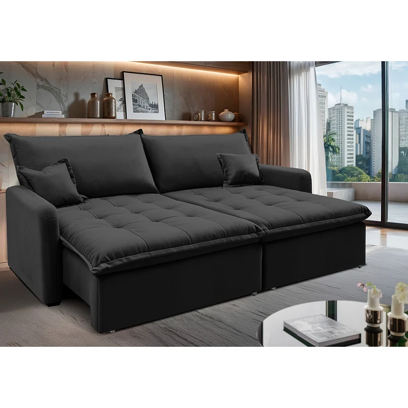 Sofá Sem Caixa Retrátil SoftGel Luna Velusoft Cama inBox Preto / 1,80m