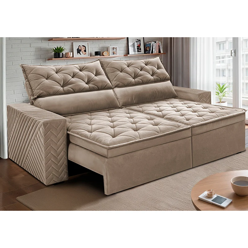 Sofá Retrátil e Reclinável Essence Velusoft Cama inBox Bege / 2,00m