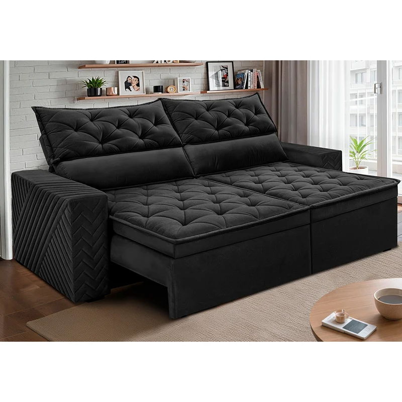 Sofá Retrátil e Reclinável Essence Velusoft Cama inBox Preto / 2,30m