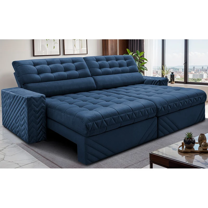 Sofá Retrátil e Reclinável Molas Ensacadas Max Spring Velusoft Cama inBox Azul / 2,30m