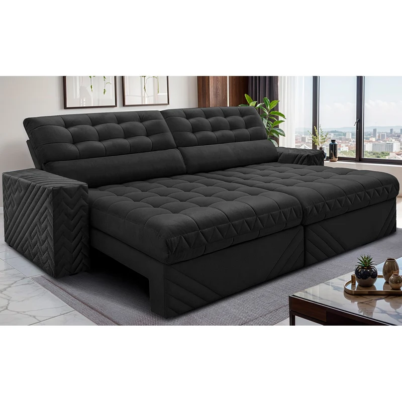 Sofá Retrátil e Reclinável Molas Ensacadas Max Spring Velusoft Cama inBox Preto / 2,50m