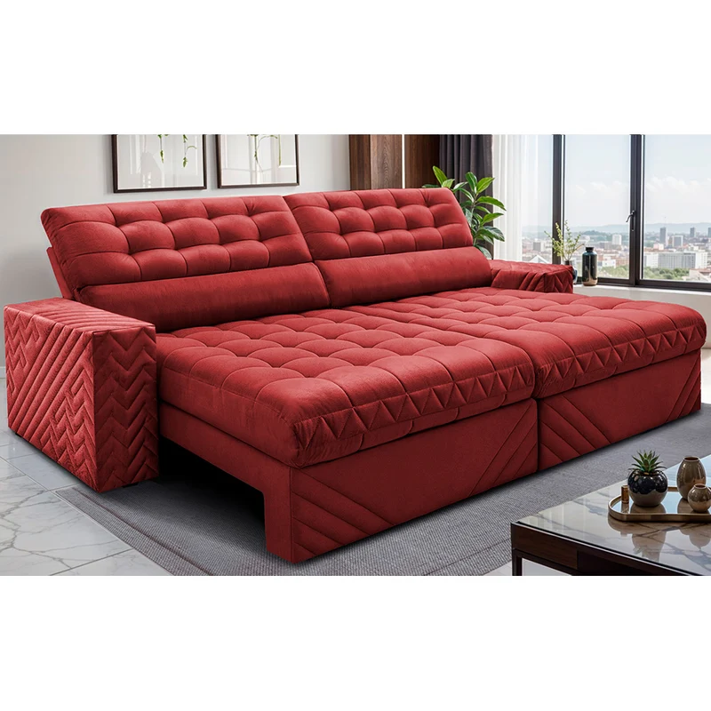 Sofá Retrátil e Reclinável Molas Ensacadas Max Spring Velusoft Cama inBox Vermelho / 2,50m