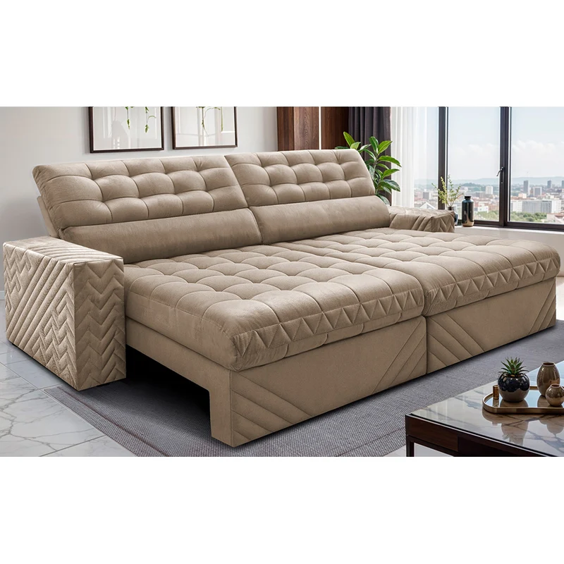 Sofá Retrátil e Reclinável Molas Ensacadas Max Spring Velusoft Cama inBox Bege / 2,70m