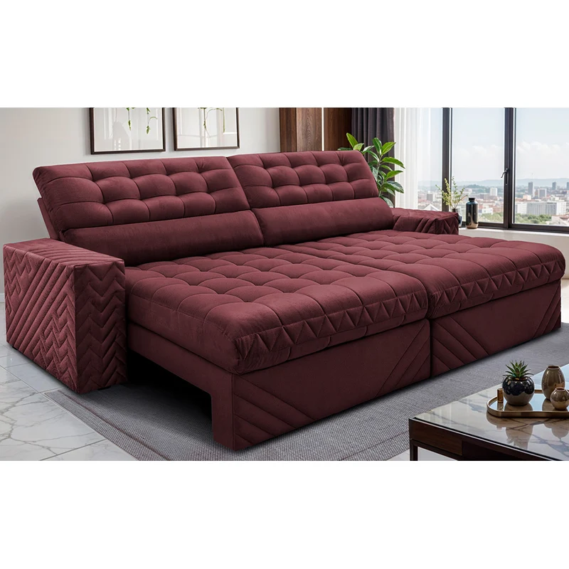 Sofá Retrátil e Reclinável Molas Ensacadas Max Spring Velusoft Cama inBox Vinho / 2,70m