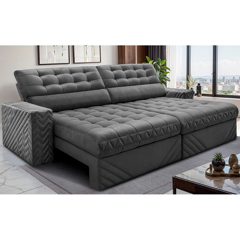Sofá Retrátil e Reclinável Molas Ensacadas Max Spring Velusoft Cama inBox Cinza / 3,00m