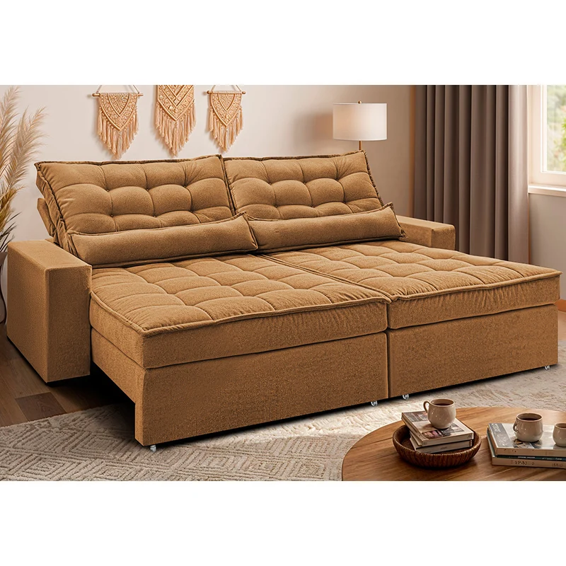 Sofá Retrátil e Reclinável Molas Ensacadas Belle Boucle Cama inBox Caramelo / 2,12m