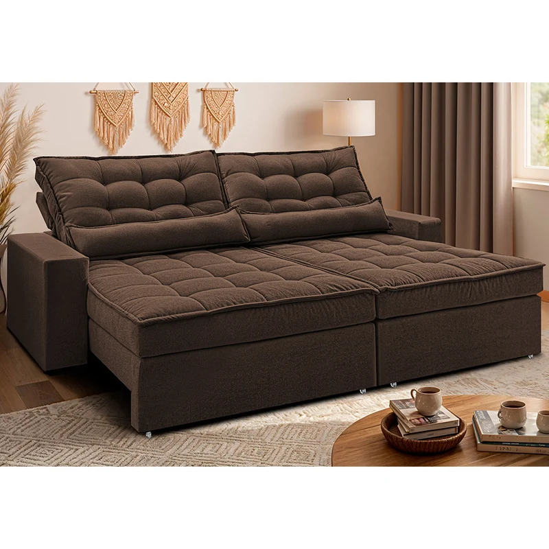 Sofá Retrátil e Reclinável Molas Ensacadas Belle Boucle Cama inBox Marrom / 2,32m