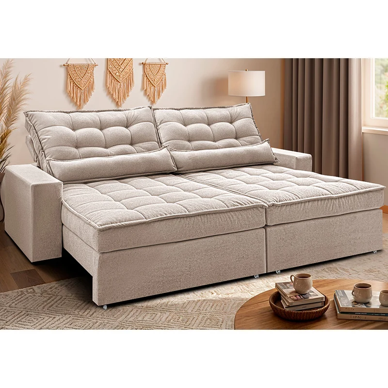 Sofá Retrátil e Reclinável Molas Ensacadas Belle Boucle Cama inBox Bege Claro / 2,52m
