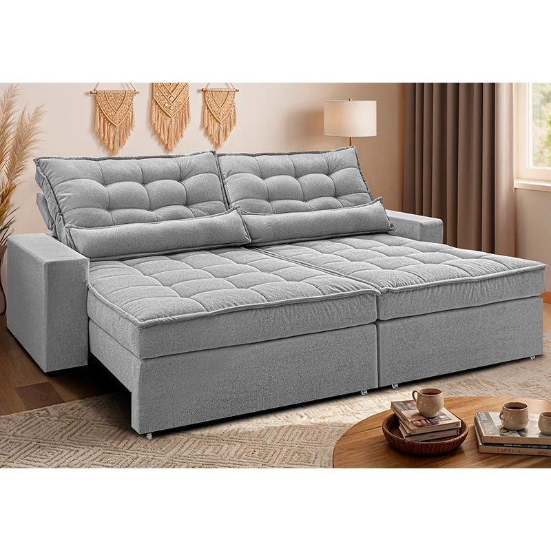 Sofá Retrátil e Reclinável Molas Ensacadas Belle Boucle Cama inBox Cinza Claro / 2,52m