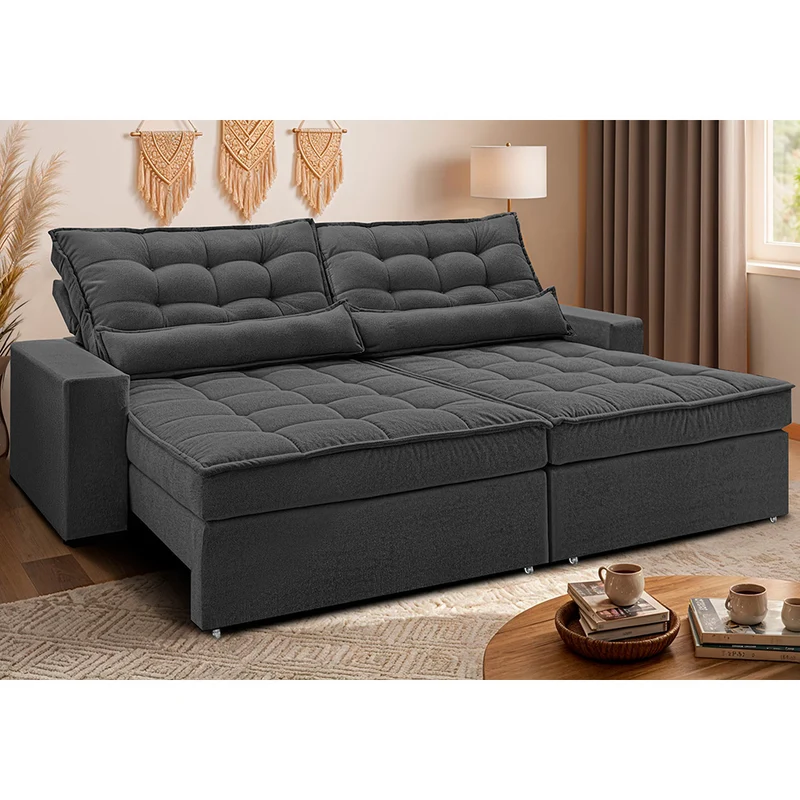 Sofá Retrátil e Reclinável Molas Ensacadas Belle Boucle Cama inBox Cinza Escuro / 3,12m